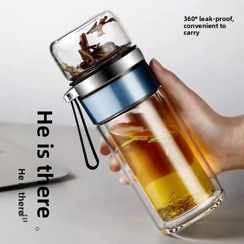 Portable Water Filter - Dubbellaagse glazen theekop met waterseparatie, transparante